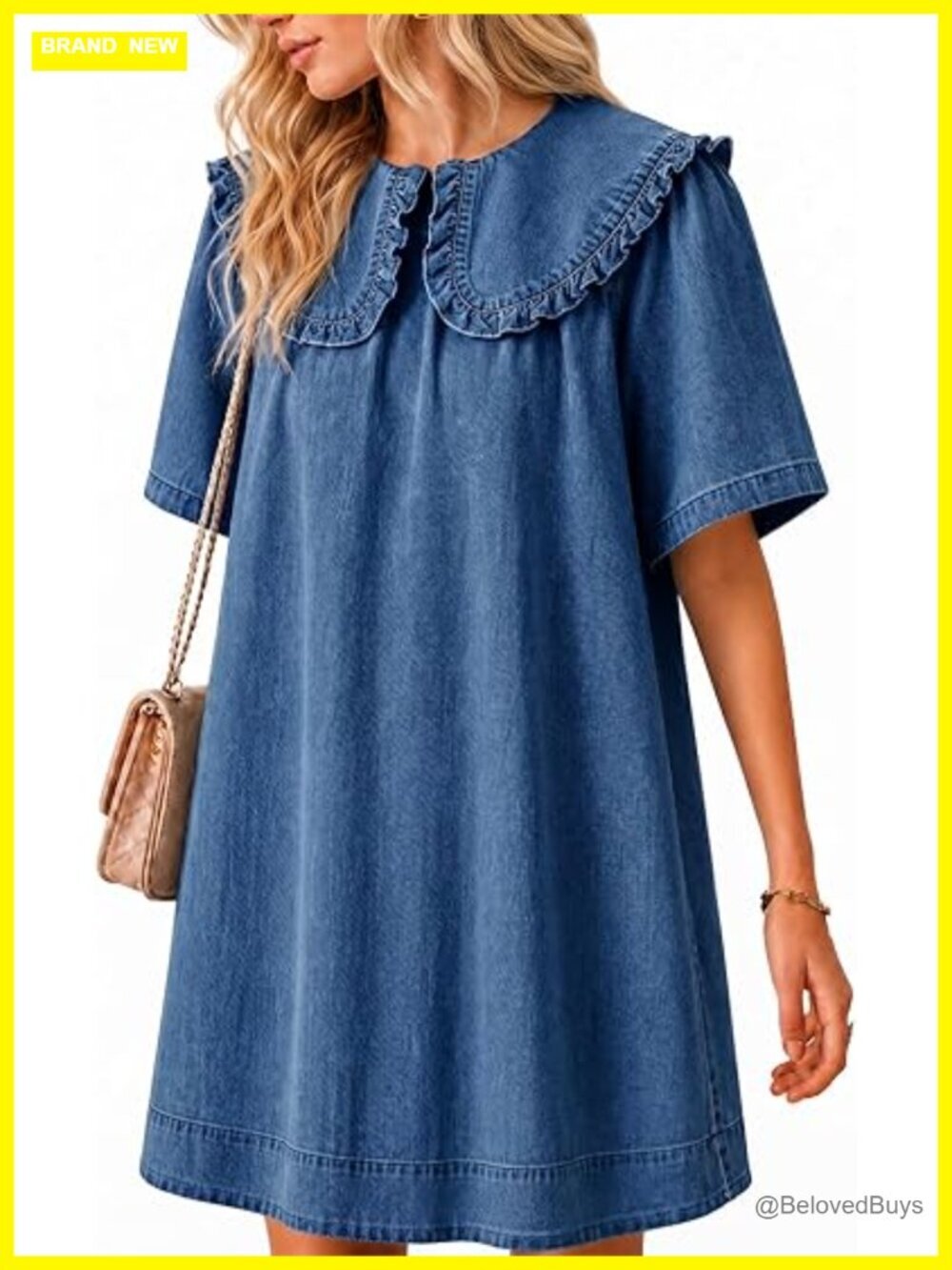 Oversized Denim Mini Dress with Peter Pan Collar Short Sleeve Babydoll